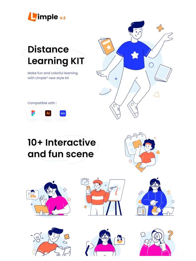 在线学习相关的可爱风矢量线条插画素材ai源文件下载