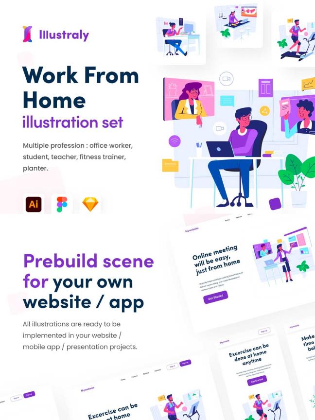 一套在家办公场景ui插画素材下载，办公场景插画，健身场景插画矢量UI插画素材源文件