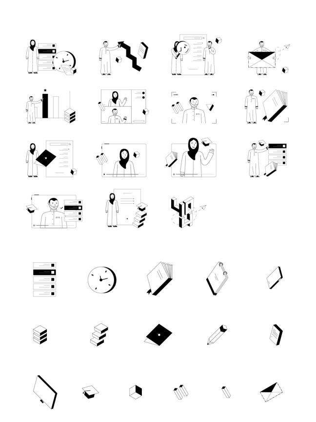 一套简约风黑白线条运营插画素材库，矢量等距黑白线条运营插画组件库