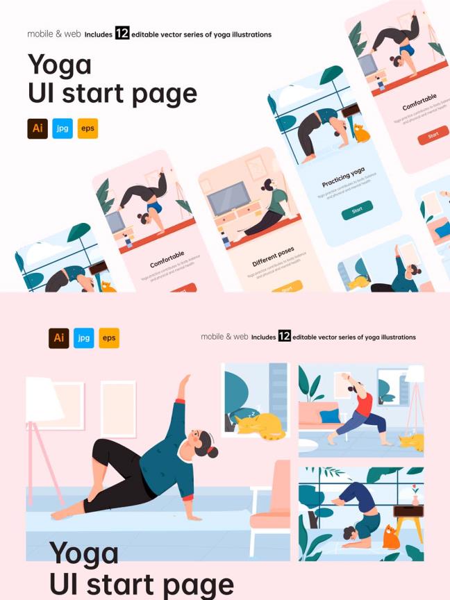 一套运动健身矢量插画UI启动页下载，瑜伽健身矢量插画UI启动页ai源文件下载