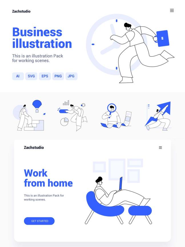 一套互联网办公场景矢量插画素材源文件，现代流行风矢量描边插画运营素材ai源文件下载