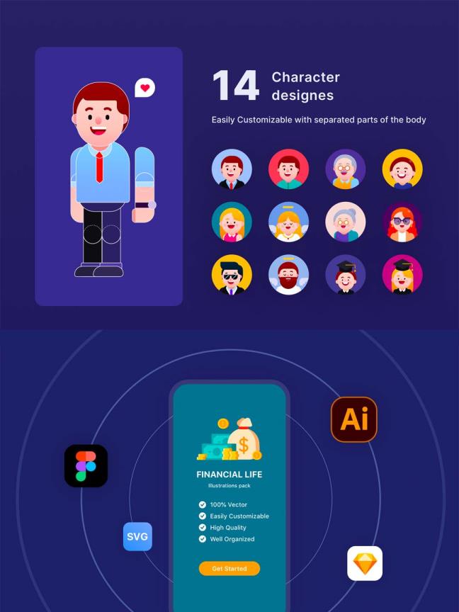 一组商务风人物小插画矢量源文件，金融场景人物插画库sketch源文件下载