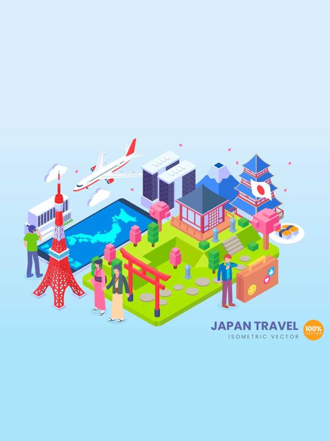 地标建筑2.5d矢量插画素材，旅游主题2.5D矢量插画日本地标2.5d插画ai源文件下载