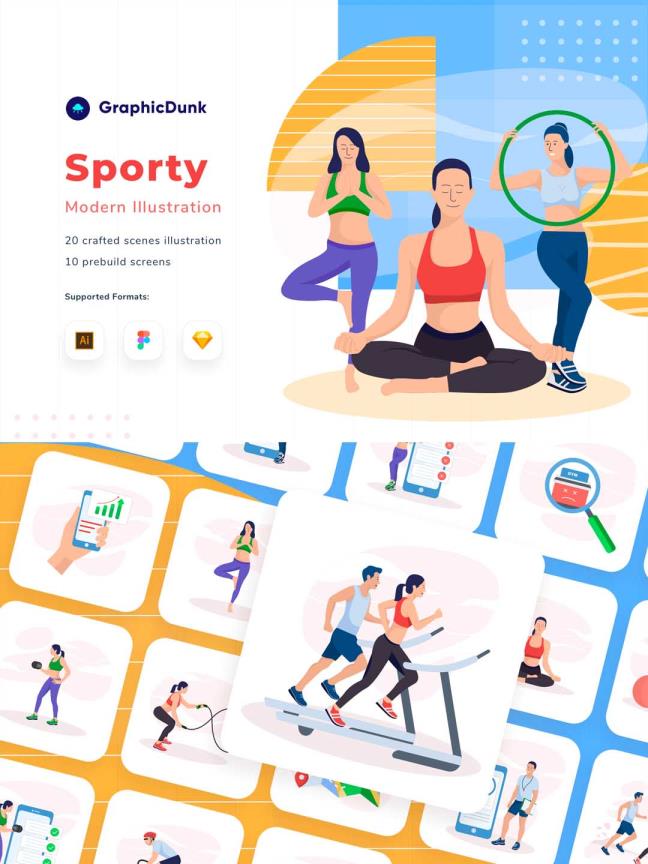 一套运动健身运营插画套装ai、sketch源文件下载，20张现代体育运动矢量插画集下载