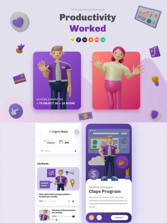 一套3D插画资源工具包，包含42个姿势3d人物3d工作场景插画素材包下载