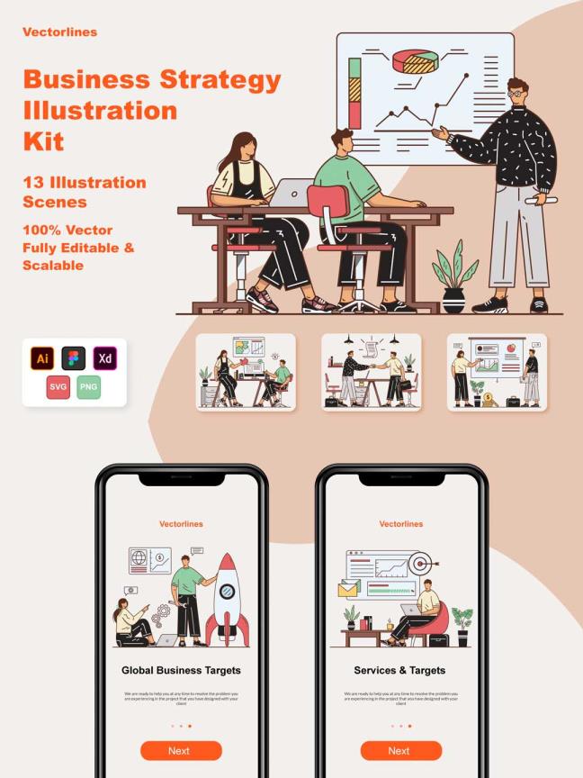 一套商业场景矢量插画源文件，矢量插画套装svg,png,fig,ai源文件