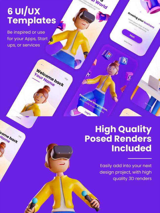 精品3D人物角色插画UI素材下载，高质量3D Web插画-角色和UI / UX包 fig,blend源文件下载