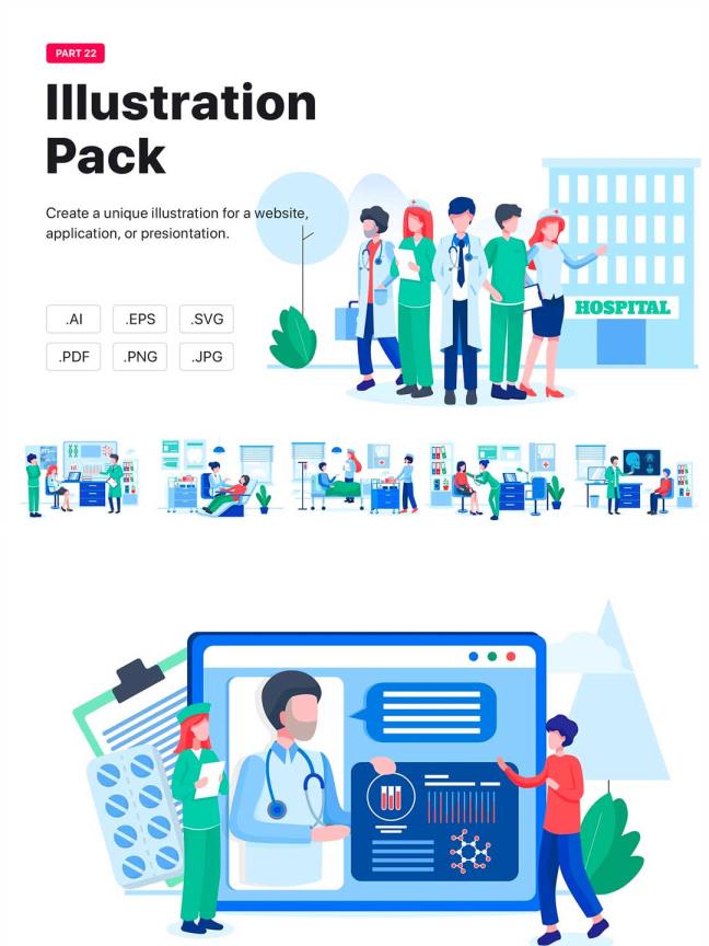 一套医院医疗场景矢量插画套装，医疗健康矢量运营插画场景源文件