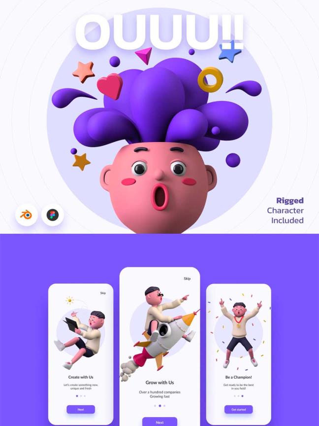 1G多3D人物角色插画素材源文件下载，3D插画组件blender原文下载