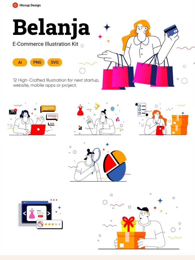 一套有特色的矢量线条风格插画运营套件ai源文件，矢量运营插画适用于电商场景的矢量插画UI素材