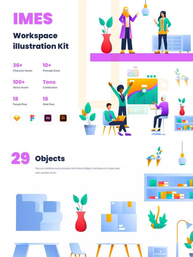 一套2D运营插画组件化kit源文件，人物、场景、道具插画系统组件 xd,svg,sketch,fig,ai源文件下载