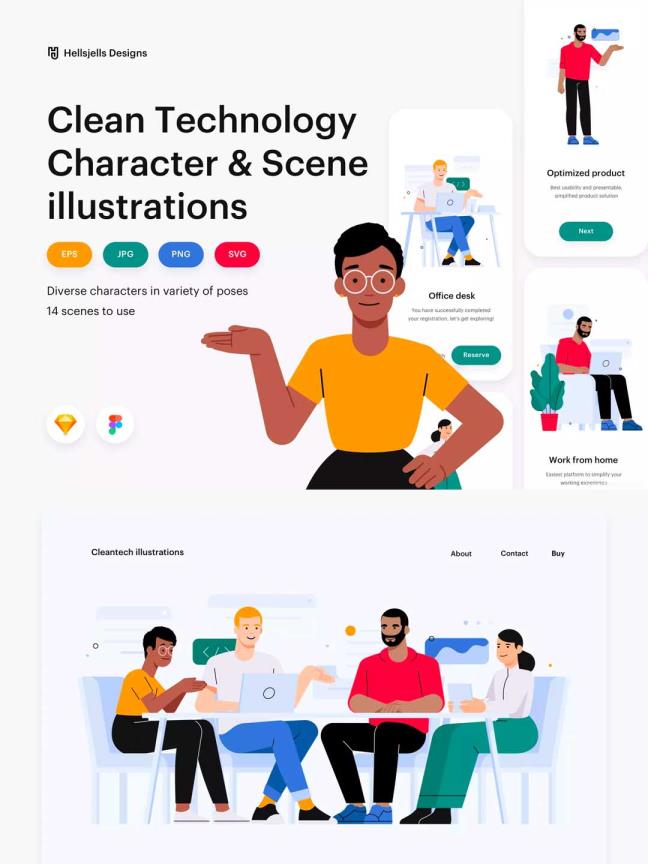 一套简约矢量流行风人物与场景插画源文件，包含ai、sketch运营插画源文件