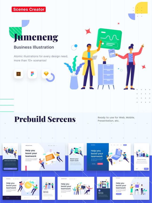 一套商务插画组件库系统sketch、figma、ai三端源文件下载，大厂规范运营插画组件化下载