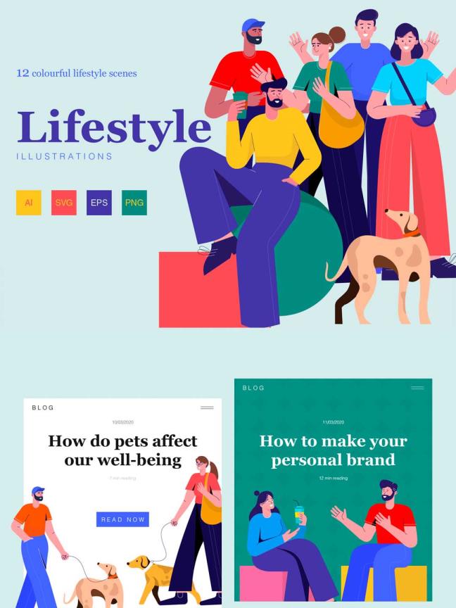 一套多彩时尚流行风运营插画，流行人物插画banner ai源文件下载