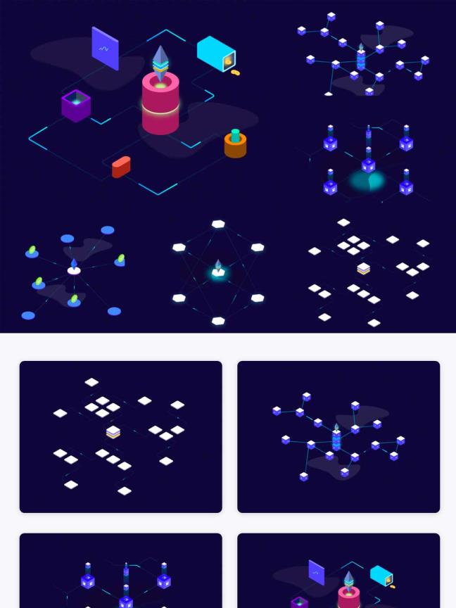 2.5D科技元素插画源文件，2.5D区块链插画源文件，2.5D云服务UI素材下载，sketch源文件，ai源文件