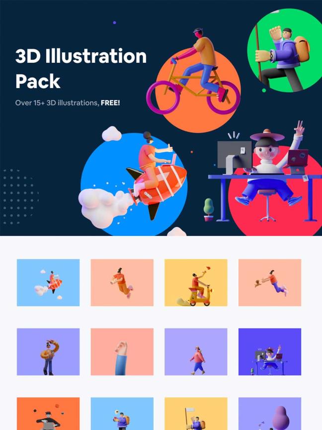 3D插画素材资源，C4D插画风人物插画组件UI kit下载，3D运营插画figma源文件下载