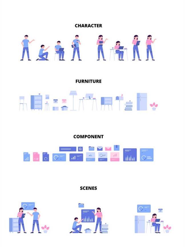 超强大组件化运营插画系统源文件，包含.fig .ai .sketch .xd四种格式源文件插画组件系统