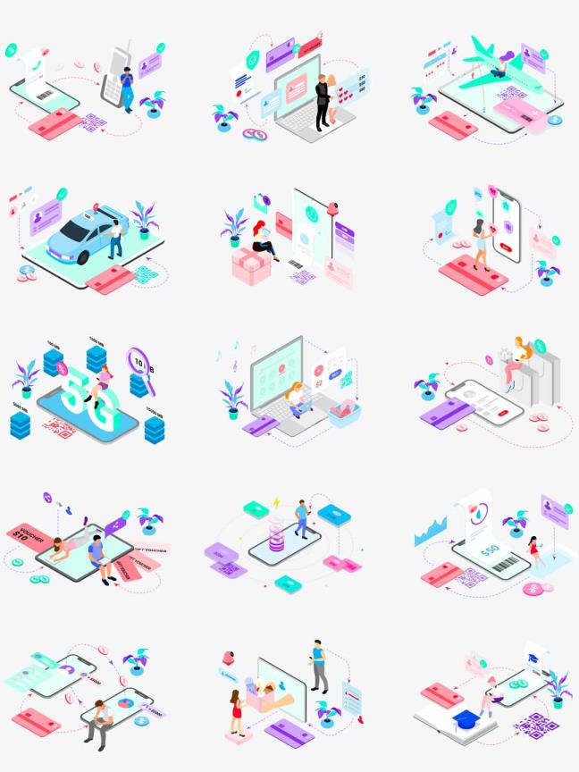 2.5D等距轴测图风格插画ai源文件下载