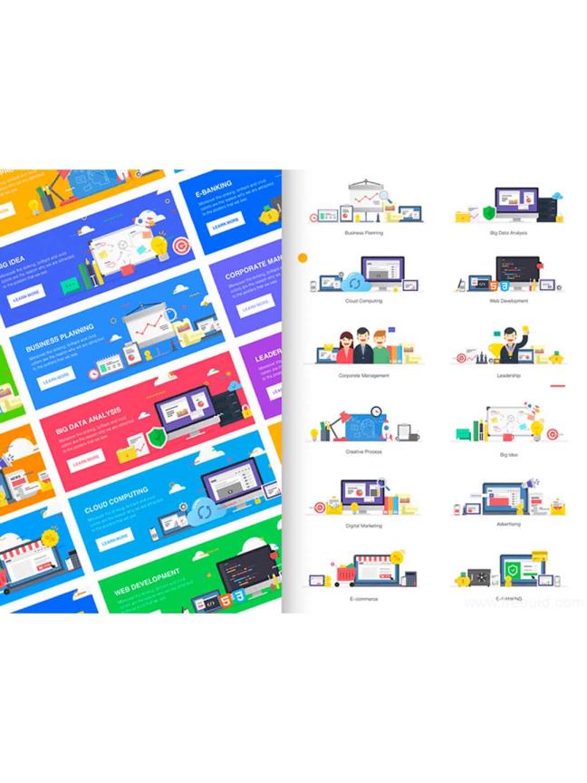 插画风UI组件、商务风插画素材、办公场景插画、线上购物插画等多款插画素材sketch、pdf、Ai、svg、png格式下载