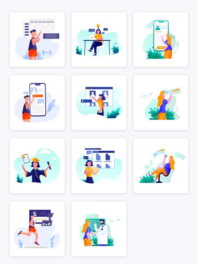 一组在涵盖线教育插画、金融插画、医疗插画类等商务场景运营插画AI源文件下载