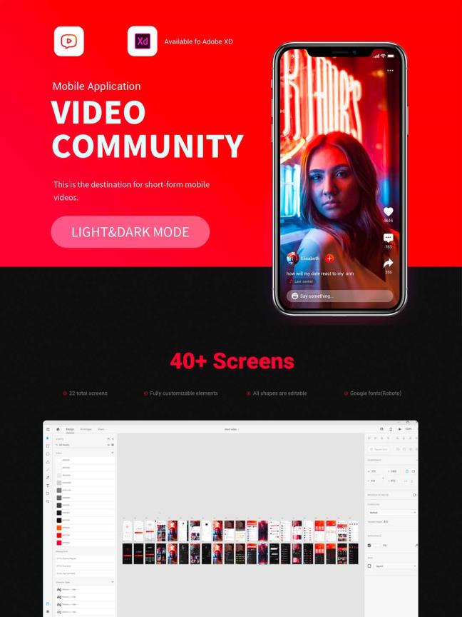 整套仿抖音短视频APP UI源文件下载，直播社区app ui资源下载，短视频直播流媒体UI素材xd源文件