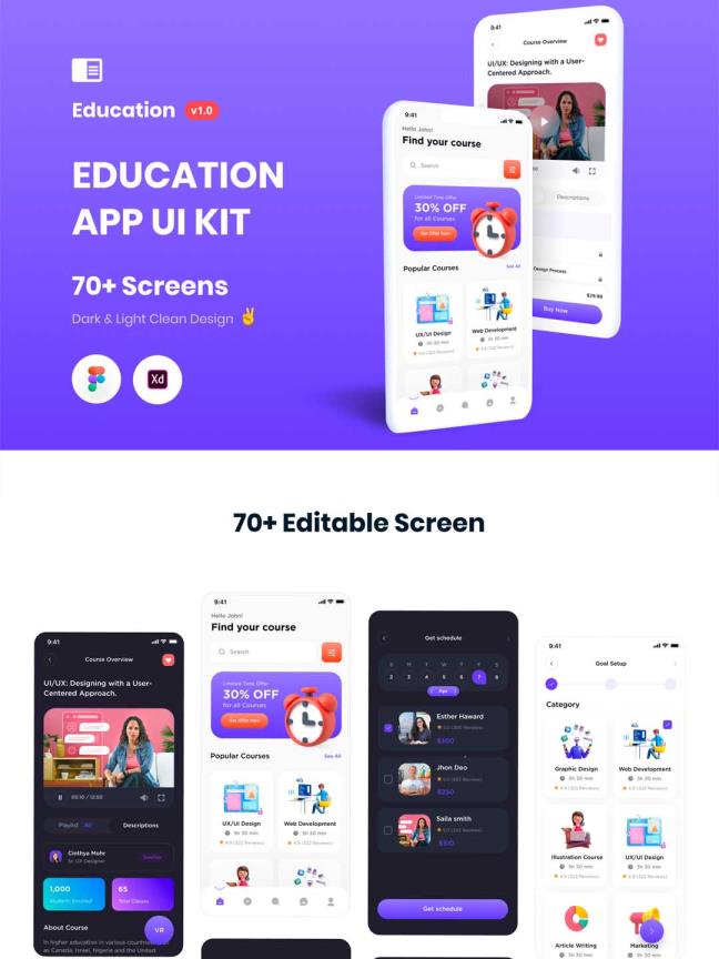74页时尚流行风格的在线教育APP UI素材figma，xd格式