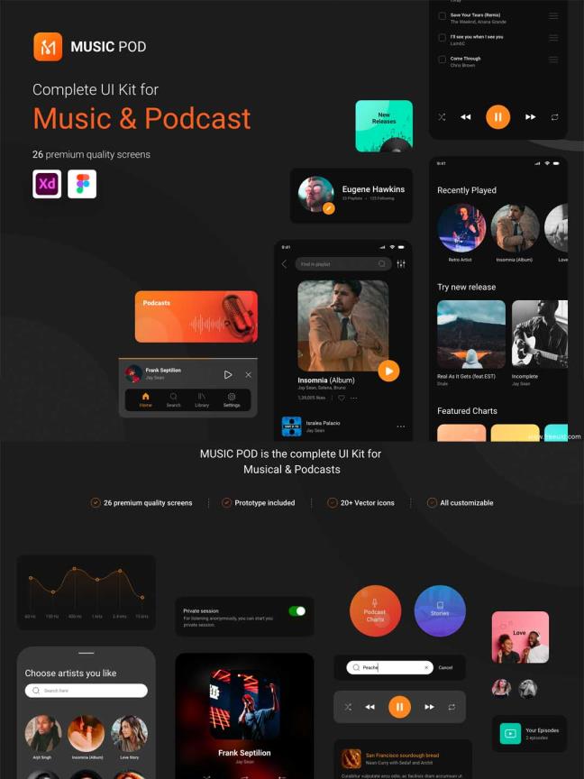 26页音乐app UI界面设计xd、figma格式（428×926）分辨率