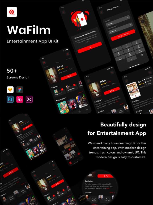 50页超酷电影app UI界面设计xd,sketch,fig,psd,studio格式