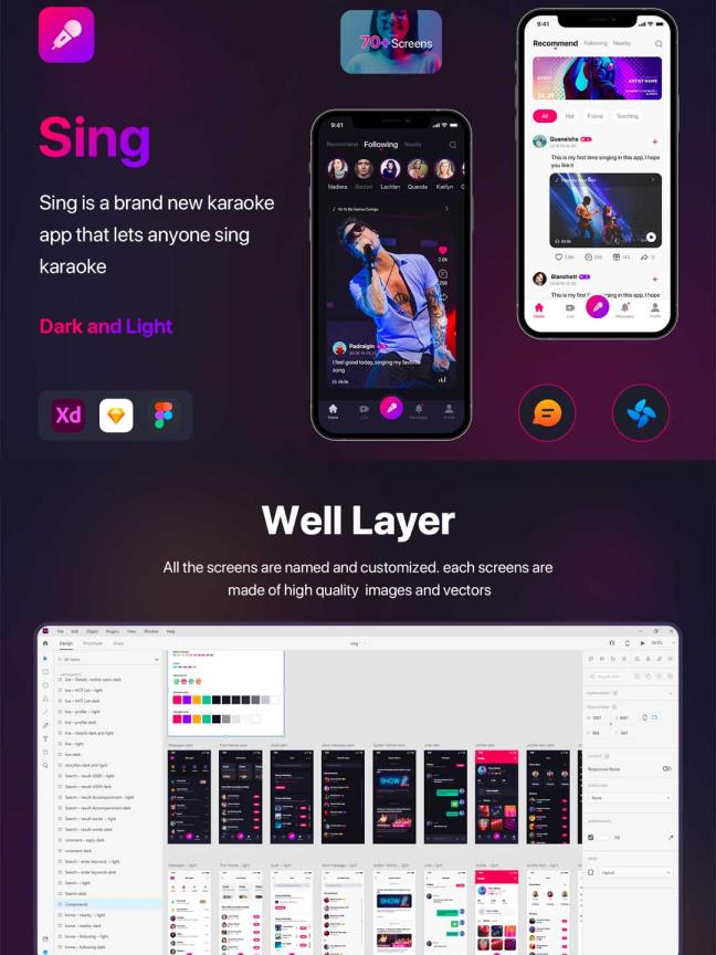 71页社交类K歌，短视频app UI设计sketch，xd，figma源文件