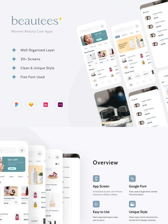 35页女性美容，美容美业APP UI设计 xd、sketch 、figma源文件