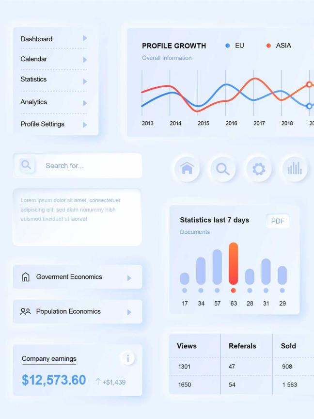 新拟物风格，新拟态数据类数据可视化UI源文件ai,eps下载 Neumorphism