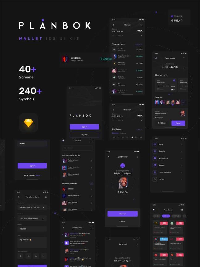 40页电子钱包，虚拟货币区块链应用UI素材sketch源文件