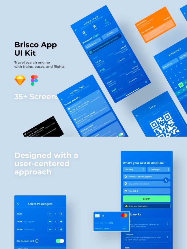 35页交通出行app，机票、火车票、公交汽车UI，sketch，figma源文件