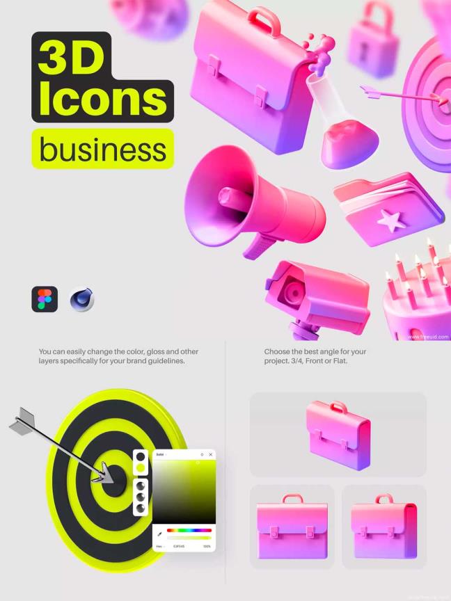一套精美的3D图标icon源文件，C4D运营图标icon源文件，3D风UI图标源文件，figma、C4D源文件
