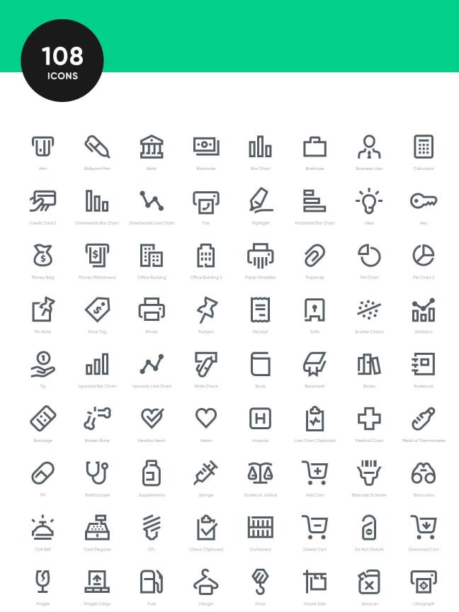 108枚商业、金融、医疗、科学类图标源文件