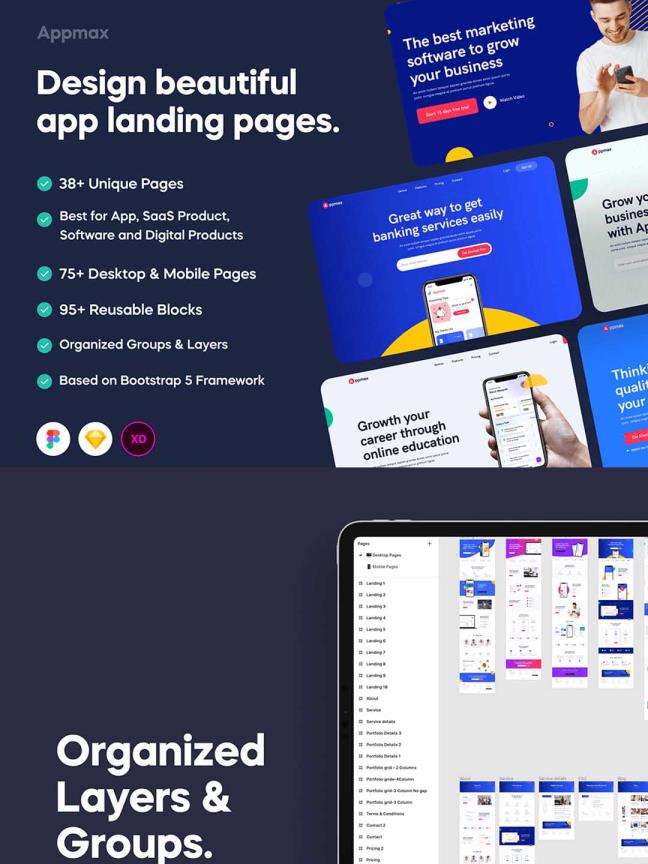 48个精选saas产品着陆页+内页，B端产品UI界面设计sketch，xd，figma资源