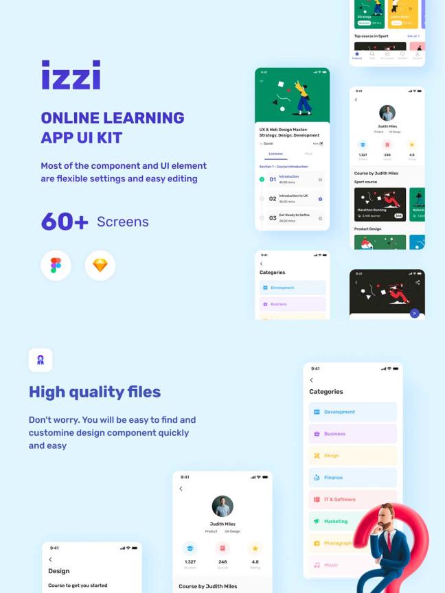 整套在线教育APP UI源文件,在线学习UI资源下载60多页知识付费app UI素材sketch、figma源文件