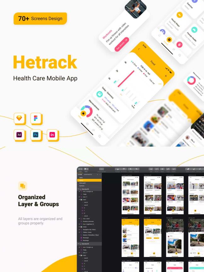 70页健康管理，健身，医疗健康APP UI资源sketch、psd、xd、fig源文件下载
