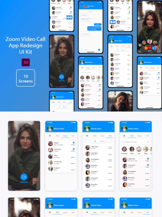 10页视频会议，在线办公，远程会议UI素材xd源文件下载