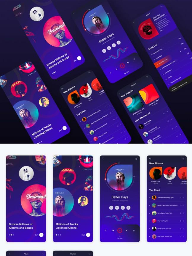 音乐APP UI资源下载，音乐UI源文件下载，音乐类APP UI素材xd源文件下载