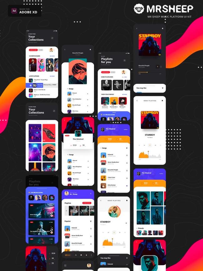 一套音乐APP UIkit下载，暗色系音乐APP UI资源下载，音乐UI源文件下载，音乐类UI素材xd源文件下载