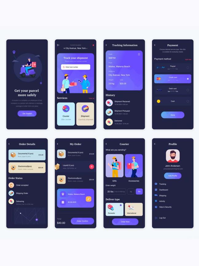 暗色物流快递APP UI资源下载，物流查询UI源文件，快递UI素材下载xd源文件