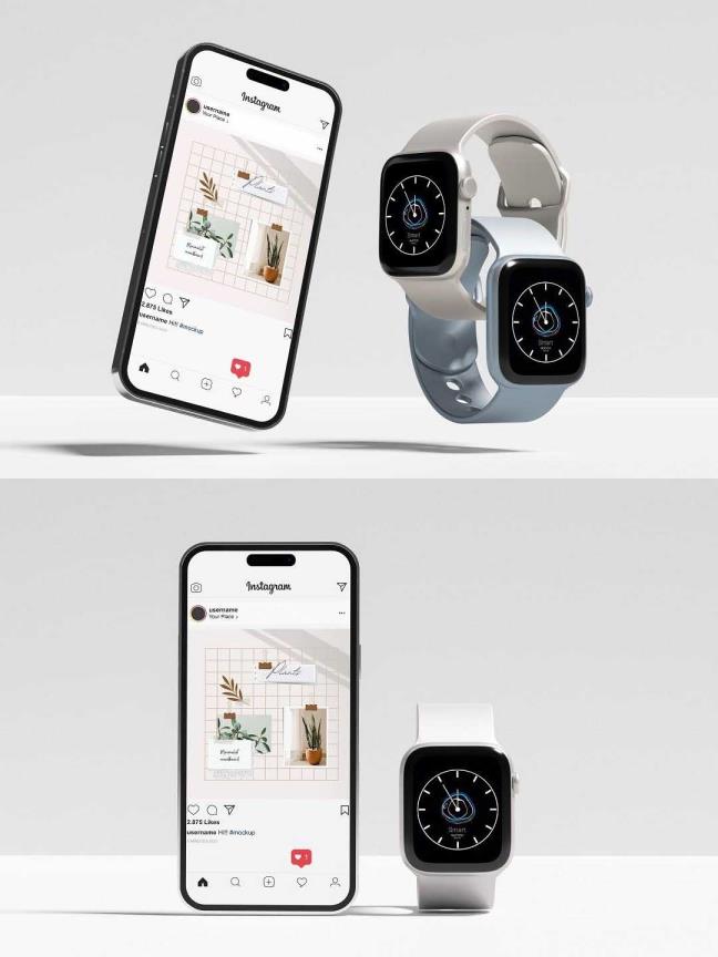 iPhone 14 Pro和苹果手表样机 mockup模板psd源文件