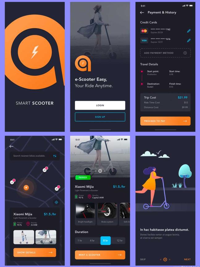 暗色系、Dark Mode租车系统应用APP UI界面sketch源文件下载