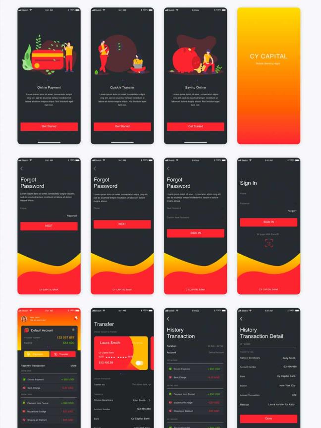 新版金融理财APP UI源文件dark mode，暗色金融银行APP UI素材下载，xd源文件