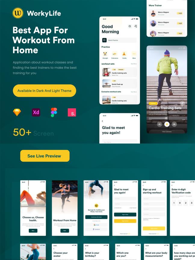 60页运动健身应用APP UI素材xd,sketch,fig,studio源文件