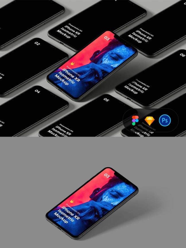 iPhone XR Isometric Mockup 样机 .fig .psd .sketch素材下载