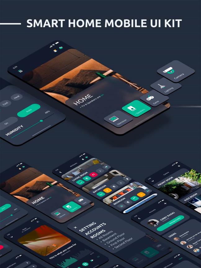 智能居家APP UI KIT套装下载,暗色模式+亮色模式两套超完整智能家居，sketch源文件