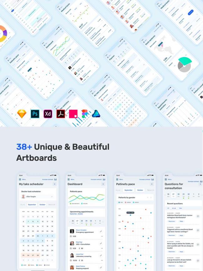 38页医疗健康类APP UI素材下载sketch,XD,psd ,figma源文件