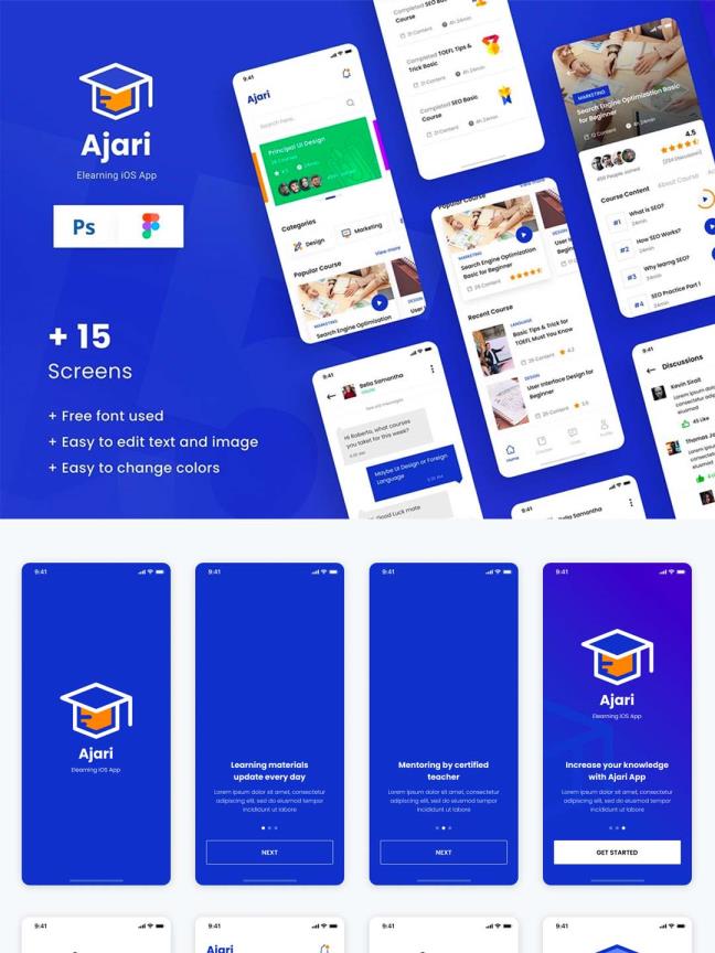 15页在线教育、在线学习类产品UI原型fig, psd源文件下载